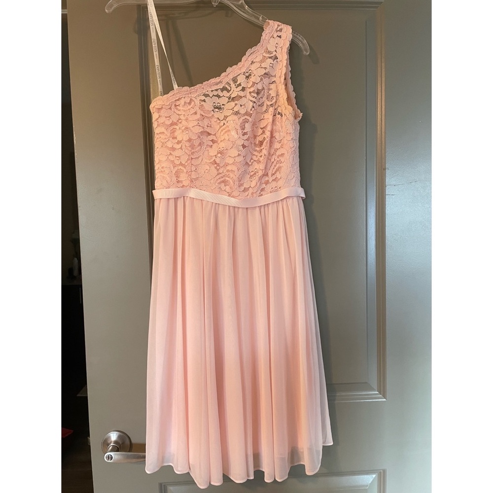 Pink lace top short single shoulder sleeveless dress. David’s bridal size 4.